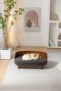 Scandinavian style Elevated Dog Bed Pet Sofa With Solid Wood legs and Bent Wood Back, cashmesh Cushion, Walnut wood, dark grey cashmere.