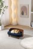 Scandinavian style Elevated Dog Bed Pet Sofa With Solid Wood legs and Bent Wood Back, cashmesh Cushion, Walnut wood,dark blue cashmesh.