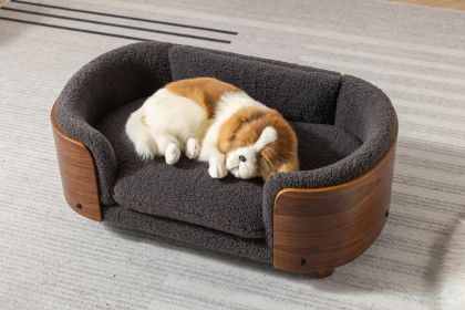 Scandinavian style Elevated Dog Bed Pet Sofa With Solid Wood legs and Walnut Bent Wood Back, Cashmere Cushion,Small Size (Color: as Pic)